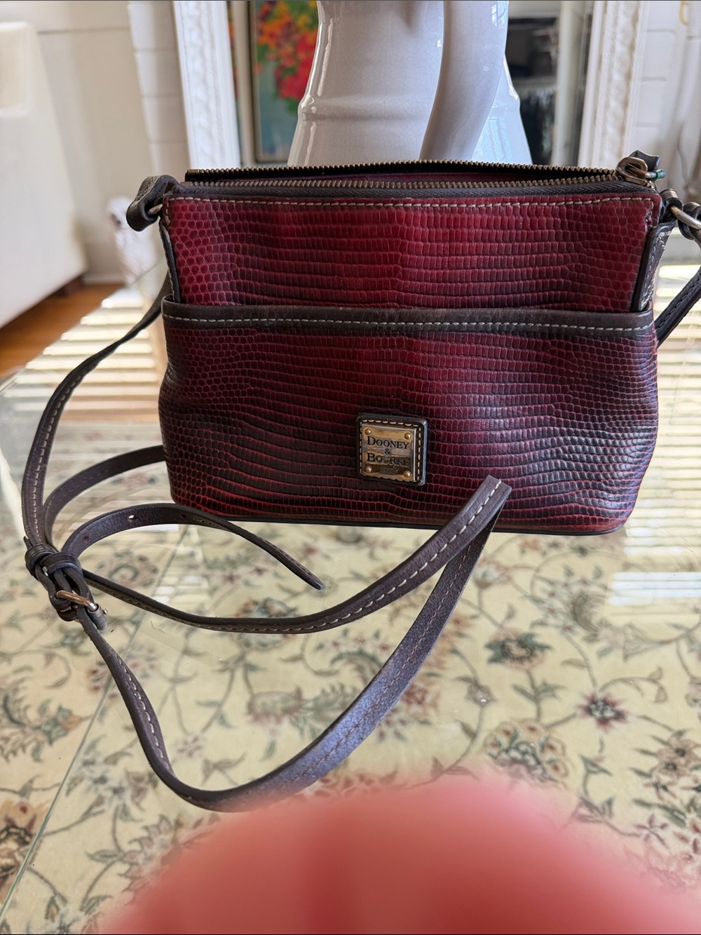 Dooney & Bourke Burgundy Lizard-Embossed Crossbody with Brown Trim